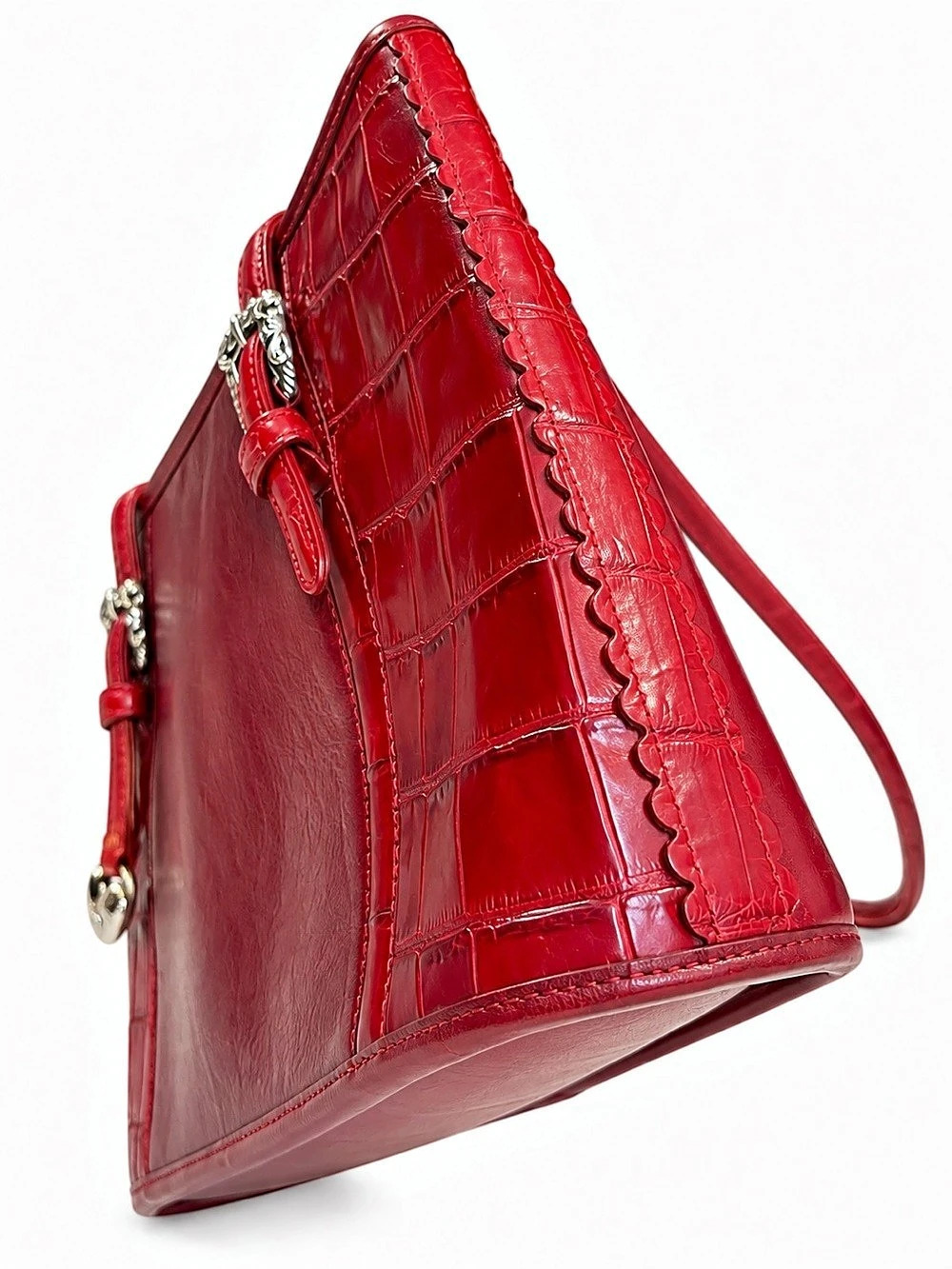 Brighton Red Leather Croc Embossed Tote Heart Charm Y2K Western Shoulder Bag - Picture 6 of 13